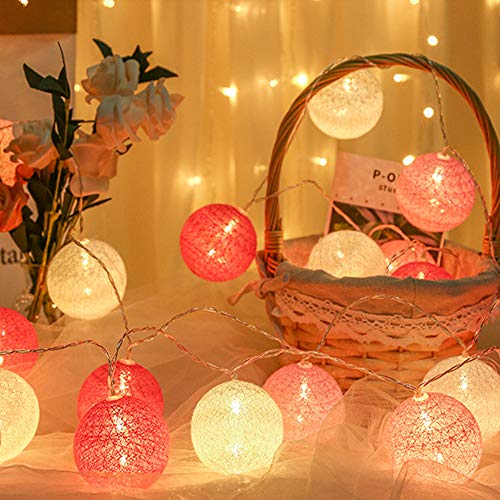 XIYUNTE Bola de algodón Guirnaldas luminosas - 9.8FT / 20LED blanco y rosa bola de algodón (φ4cm) Iluminación de Navidad de interior, Luces hadas decor de interior para Navidad