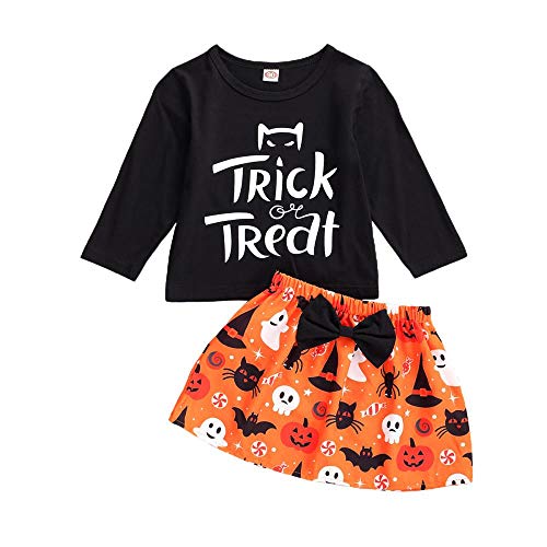 xmwm Landia 2Pcs Moda Infatn Niños Niñas Traje de Halloween Primavera Otoño Dulce Estilo Letra de Manga Larga Top + Pumpkin Cat Bat Falda Set, 2T