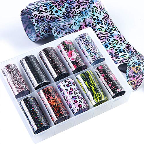Xnuoyo 10 Rolls Nail Foil Transfer Sticker, Nail Stickers Tips Wraps Transferencia Decals Agua Pegatinas Uñas para DIY Manicura Maquillaje Calcomanías de Bricolaje Decoración (Leopard2)