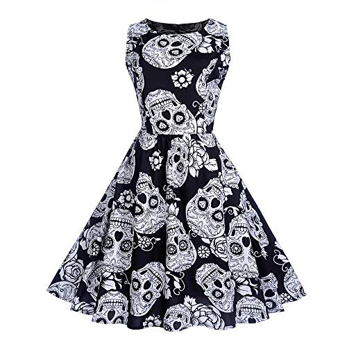 XTQDM Halloween,Vestido de Mujer sin Mangas de Encaje de Halloween Vestido Vintage con Estampado de Talla Grande Vestido de Fiesta Plisado con Columpio Vestido de Verano XL 01