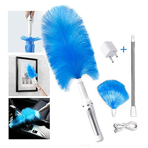 XYY plumeros, Plumero eléctrico inalámbrico Desmontable y Lavable giratoria con Microfibra de Cabeza y Poste de extensión (Azul)