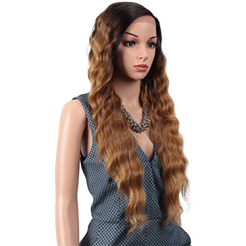 Y DWAYNE Pelucas Delanteras de Encaje marrón Rizado Pelo Largo Ondulado Ombre Miel, Peluca sintética de Alta Temperatura, 130% Cabello Secreto de Vacaciones, 26 Pulgadas