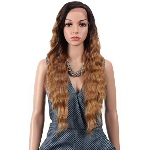 Y DWAYNE Pelucas Delanteras de Encaje marrón Rizado Pelo Largo Ondulado Ombre Miel, Peluca sintética de Alta Temperatura, 130% Cabello Secreto de Vacaciones, 26 Pulgadas