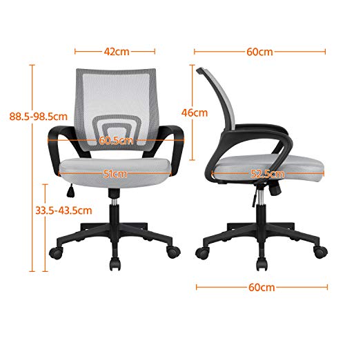 Yaheetech Silla de Oficina Silla de Malla Altura Ajustable para Trabajo Silla Escritorio Ergonómica Giratoria Gris