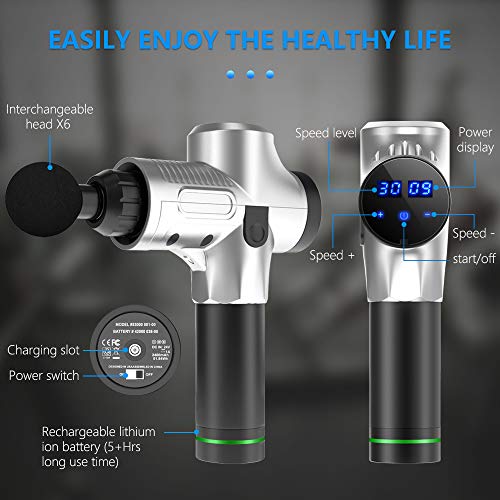 Yakuin Pistola de Masaje Muscular, Massage Gun,Masajeador de Músculos portátil con 20 Niveles Ajustables, Massage Gun，4 Cabezas y Pantalla LCD HD Ultra Silenciosos para Relajación Recuperación Fatiga