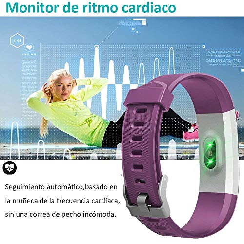 YAMAY Pulsera Actividad con Pulsómetro Mujer Hombre, Monitor de Actividad Deportiva, Ritmo Cardíaco, Impermeable IP67, Reloj Fitness, smartwatch con Podómetro, Color Púrpura