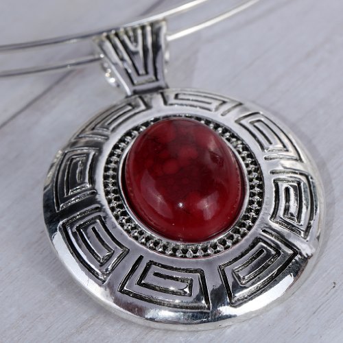 YAZILIND Plata Tibetano étnico Declaración Oval Rojo Turquesa Colgante Pendientes Collar Babero de la joyería