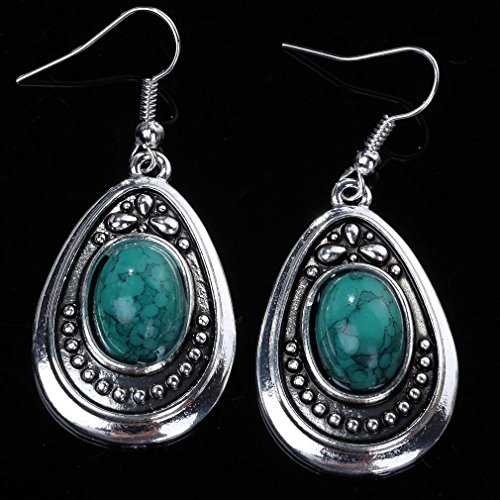 Yazilind vendimia de color plata oval verde turquesa cuelgan los pendientes del gancho de la gota mujeres de regalo