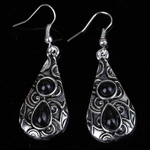 Yazilind vendimia de plata tibetana Negro Ronda Teardrop Resina relieve cuelgan los pendientes del gancho de la gota