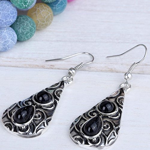 Yazilind vendimia de plata tibetana Negro Ronda Teardrop Resina relieve cuelgan los pendientes del gancho de la gota