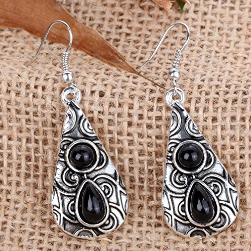 Yazilind vendimia de plata tibetana Negro Ronda Teardrop Resina relieve cuelgan los pendientes del gancho de la gota