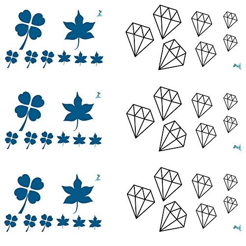 Yeeech - 6 hojas de diseño de trébol de diamantes, tatuajes temporales, pegatinas para mujer, pequeñas, negras, verdes, para oreja, cuerpo, maquillaje, resistente al agua