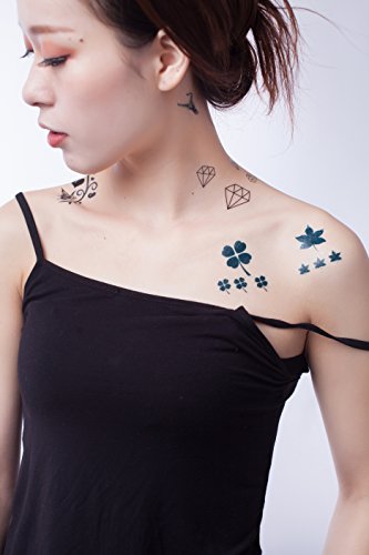 Yeeech - 6 hojas de diseño de trébol de diamantes, tatuajes temporales, pegatinas para mujer, pequeñas, negras, verdes, para oreja, cuerpo, maquillaje, resistente al agua