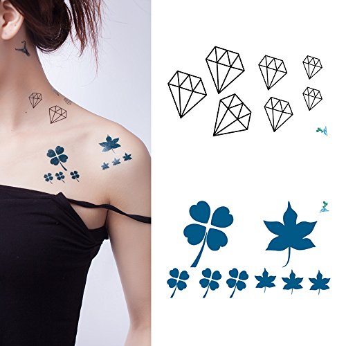 Yeeech - 6 hojas de diseño de trébol de diamantes, tatuajes temporales, pegatinas para mujer, pequeñas, negras, verdes, para oreja, cuerpo, maquillaje, resistente al agua