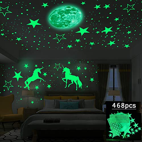 Yeelan 468piezas Que Brillan en la Oscuridad luminosa Autoadhesiva Pegatinas de Pared Estrellas y luna DIY Calcomanía Mural Decoración para Jardín de Infantes Bebé Niños Dormitorio Sala de Estar