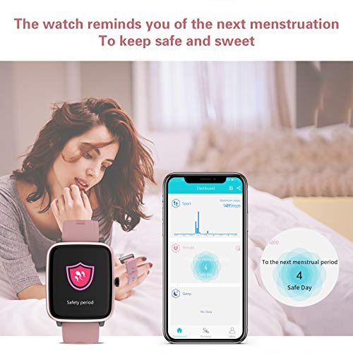 YENISEY Smartwatch, Relojes Inteligentes Mujer con Pulsómetros Monitor de Sueño 5 Caras Menstruación Recordatorio 10 Modos Deportivos y Registrador de Ruta y Smart Watch para Hombre y Mujer - Rosado