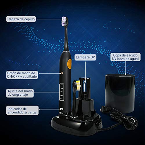 Y.F.M Cepillo de Dientes Eléctrico Ultrasónico, Cepillo de Dientes Recargable Impermeable para Adultos, 5 Modos con Compilación de 2 minutos en el Temporizador, Desinfección UV, 4 Cabezal Reemplazable