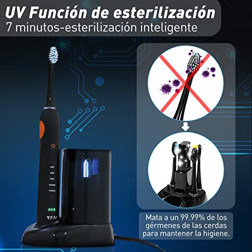 Y.F.M Cepillo de Dientes Eléctrico Ultrasónico, Cepillo de Dientes Recargable Impermeable para Adultos, 5 Modos con Compilación de 2 minutos en el Temporizador, Desinfección UV, 4 Cabezal Reemplazable