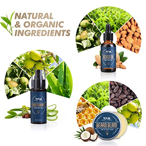 Y.F.M Kit de Cuidado de Barba para Hombres 8 en 1, Cuidado Barba - Champú, Aceite, Bálsamo de Barba, Peine, Afeitadora, Tijeras, Cepillo y Bolsa - Regalo Ideal para Todas Ocasiones y Aniversarios