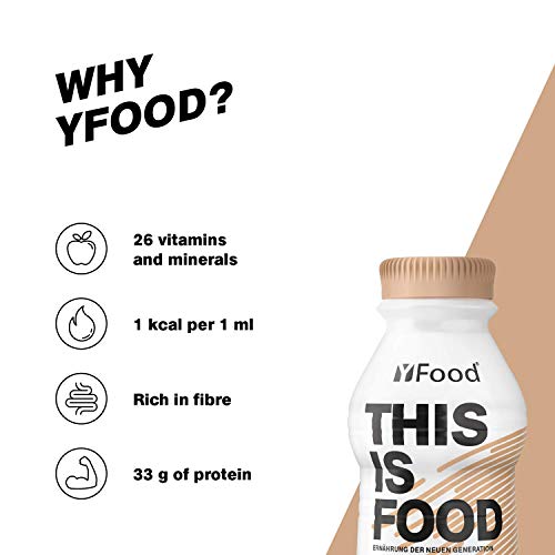 YFood Chocolate, Batido Sustitutivo | Sustitutivo de comida sin lactosa ni gluten | 33g de proteínas, 26 vitaminas y minerales | 25% de las calorías diarias requeridas | 12 x 500 ml (1kcal/ml)