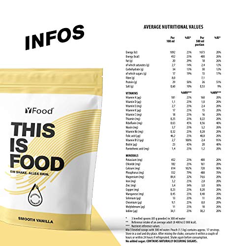 YFood Vanilla | Batido en Polvo | Sustituto de comida sin gluten ni lactosa | 17 comidas, 26 vitaminas y minerales | proteína en polvo | batido de proteína delicioso | pack 1,5kg