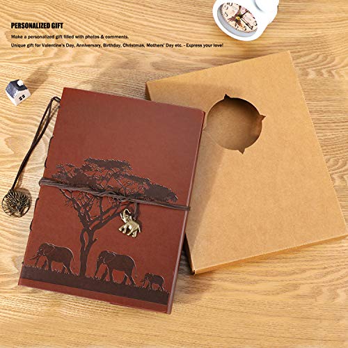 YHH Álbum Fotos para Pegar Páginas Negras, Album Fotos Scrapbook Cuero Vintage Scrapbooking Photo Album Viajes Anillas Regalos Cumpleaños Navideños San Valentin Papa Bebe Mamá Papa ElefanteFamiliar