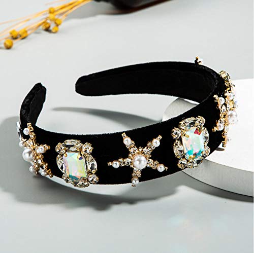 Yhhzw Diadema De Estrella De Cristal Multicolor Flash Para Mujer. Diadema De Terciopelo Negro Con Perlas Simuladas. Tocados De Fiesta Para Mujer. Ancho 3.2 Cm