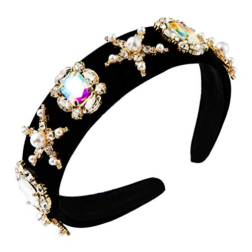Yhhzw Diadema De Estrella De Cristal Multicolor Flash Para Mujer. Diadema De Terciopelo Negro Con Perlas Simuladas. Tocados De Fiesta Para Mujer. Ancho 3.2 Cm