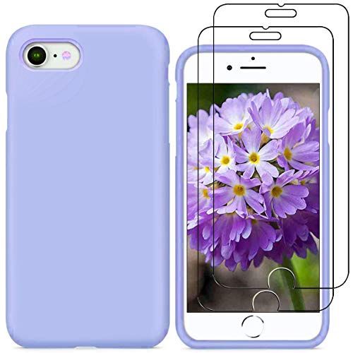 YiKaDa - Funda para iPhone SE 2020 / iPhone 8 / 7 + [2 Unidades] Cristal Templado Protector de Pantalla, Cáscara Suave de Silicona TPU Líquida Funda Forro de Microfibra Suave Cojín - Púrpura