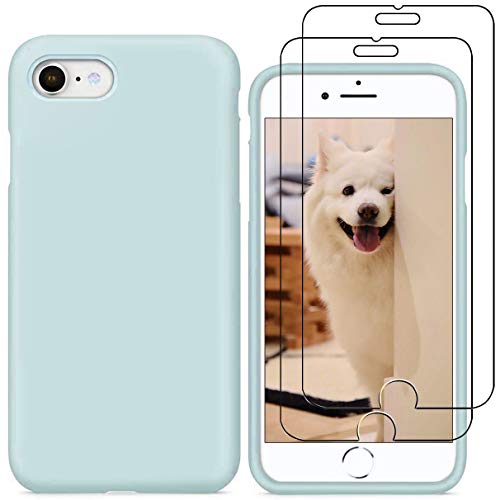YiKaDa - Funda para iPhone SE 2020 / iPhone 8 / 7 + [2 Unidades] Cristal Templado Protector de Pantalla, Cáscara Suave de Silicona TPU Líquida Funda Forro de Microfibra Suave Cojín - Azul