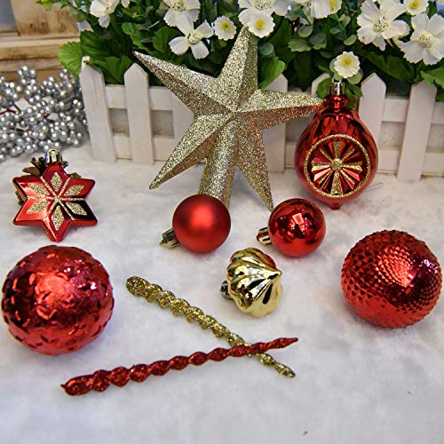 YILEEY Adornos de Navidad Decoracion Arboles de Navidad Bolas de Plastico, Dorado y Rojo, 108 Piezas en 19 Tipos, Caja de Bolas de Navidad de Plástico Inastillable con Percha, Adornos Decorativos