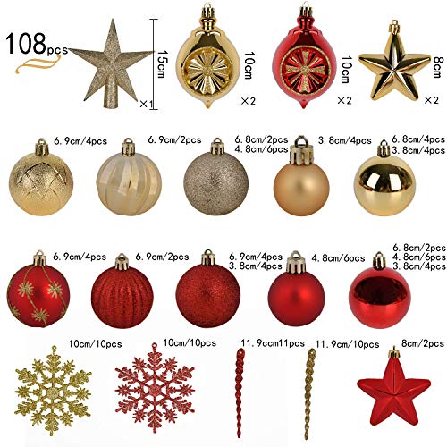 YILEEY Adornos de Navidad Decoracion Arboles de Navidad Bolas de Plastico, Dorado y Rojo, 108 Piezas en 19 Tipos, Caja de Bolas de Navidad de Plástico Inastillable con Percha, Adornos Decorativos