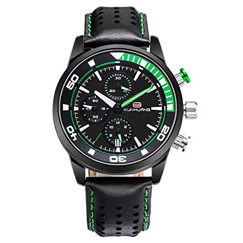 YiLuFanHua Multifunción Reloj Hombre Cronógrafo, Deportes Luminosos Deportes Cuero De Relojes con Indicador De Fecha Enviar Al Padre Amante Regalo Navidad,Verde