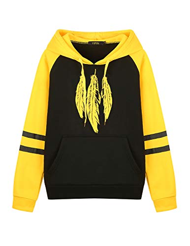 YIPIN Sudaderas Mujer con Capucha Anchas Original Manga Larga Invierno Hoodie con Bolsillos Estampado de Plumas Suelto Abrigo,Amarillo,S