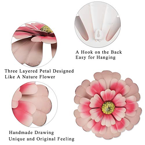 YiYa 33CM Decoración de Pared de Flores de Metal Múltiples Capas Arte de Pared de Flores Decoraciones de Arte de Pared Colgante para balcón Patio Porche Dormitorio Sala de Estar Jardín (Rosado)