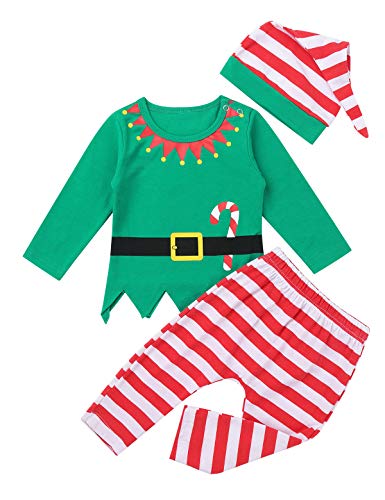 YiZYiF Disfraz Duende Elfo Bebé Pijamas Navideños Niños Niñas Conjunto de Navidad Algodón Suave 3Pcs Unisex Traje Navidad Infantil Camisa Pantalones Gorro Verde y Rojo 3-6 Meses