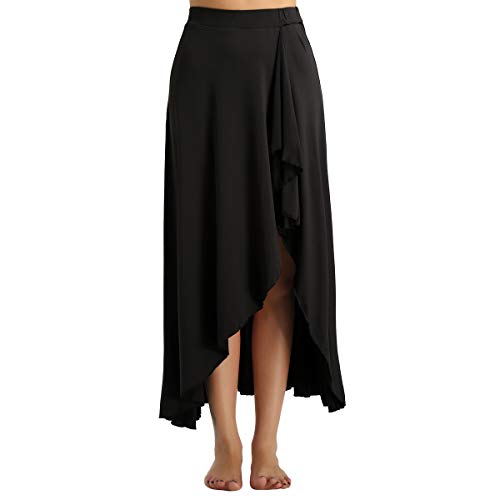 YiZYiF Falda Flamenco Mujer Faldas Volantes Falda Larga Asimétrica con Vuelo Cintura Alta Flada Fiesta Vintage Sevillana Ropa Baile Playa Casual Negro L