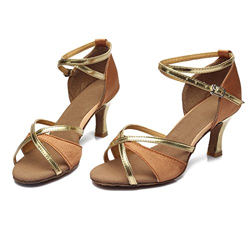 YKXLM Mujeres&Niña Zapatos latinos de baile Zapatillas de baile de salón Salsa Tango Performance Calzado de Danza,ES805-7,Marrón color,EU 38.5