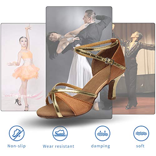 YKXLM Mujeres&Niña Zapatos latinos de baile Zapatillas de baile de salón Salsa Tango Performance Calzado de Danza,ES805-7,Marrón color,EU 38.5