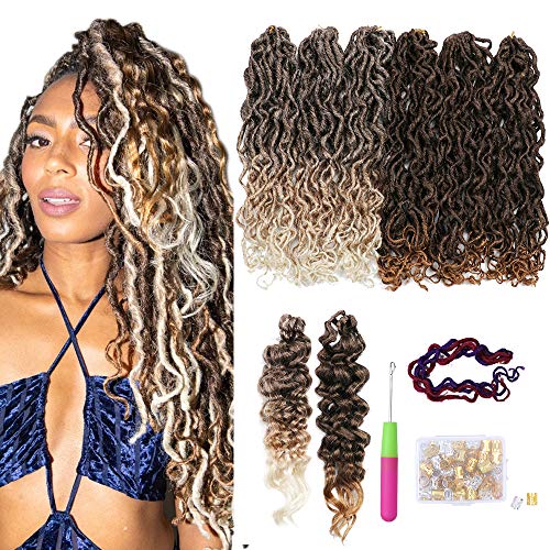 YMHPRIDE 6 + 1 paquetes Iced Latte Goddess Locs, 18 pulgadas Faux Locs Ondulado Crochet Passion Twists Caliente Color de tres tonos Extensión de cabello mixto con extremos rizados