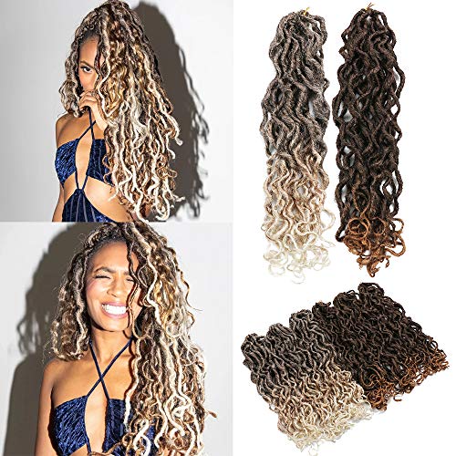 YMHPRIDE 6 + 1 paquetes Iced Latte Goddess Locs, 18 pulgadas Faux Locs Ondulado Crochet Passion Twists Caliente Color de tres tonos Extensión de cabello mixto con extremos rizados