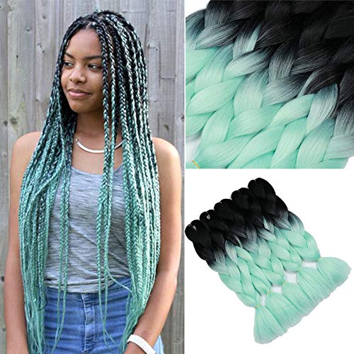 YMHPRIDE Cabello trenzado Ombre de 5 piezas Negro a verde claro Extensiones de cabello Kanekalon Jumbo trenzado 24 pulgadas
