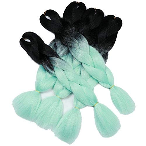 YMHPRIDE Cabello trenzado Ombre de 5 piezas Negro a verde claro Extensiones de cabello Kanekalon Jumbo trenzado 24 pulgadas