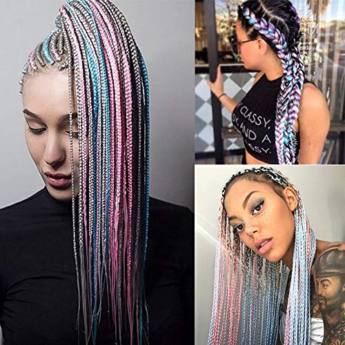 YMHPRIDE Extensiones de cabello trenzado de 5 piezas de color mixto, cabello trenzado artificial jumbo separable de 24 pulgadas (blanco/rosa/azul claro/púrpura claro)