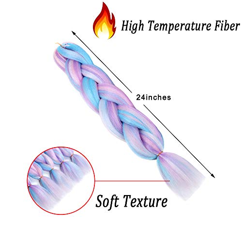 YMHPRIDE Extensiones de cabello trenzado de 5 piezas de color mixto, cabello trenzado artificial jumbo separable de 24 pulgadas (blanco/rosa/azul claro/púrpura claro)