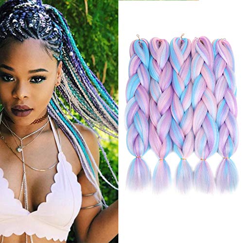 YMHPRIDE Extensiones de cabello trenzado de 5 piezas de color mixto, cabello trenzado artificial jumbo separable de 24 pulgadas (blanco/rosa/azul claro/púrpura claro)