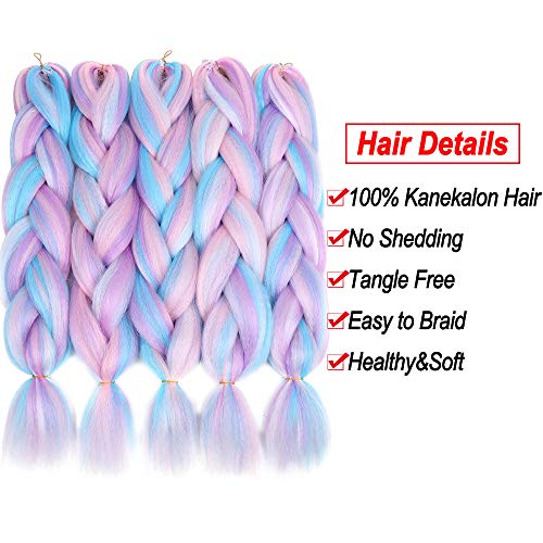 YMHPRIDE Extensiones de cabello trenzado de 5 piezas de color mixto, cabello trenzado artificial jumbo separable de 24 pulgadas (blanco/rosa/azul claro/púrpura claro)
