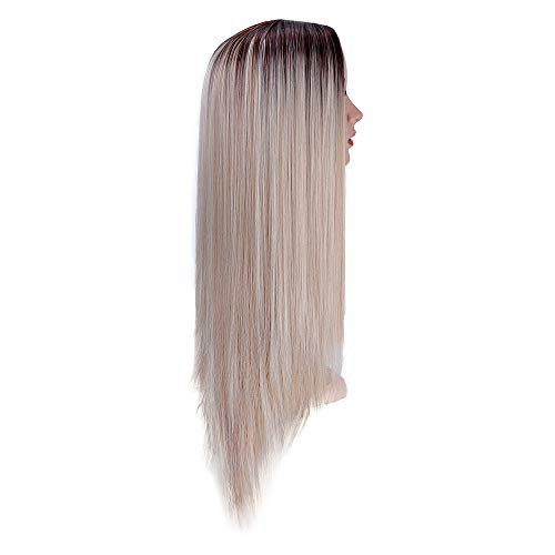 YMHPRIDE Ombre pelucas rubias mixtas para mujeres moda marrón oscuro raíz rubio sintético largo recto parte media peluca 22 pulgadas