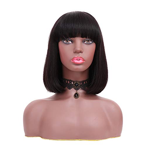 YMHPRIDE Peluca Bob corta negra natural de 12 pulgadas con flequillo Peluca de cabello humano recto para mujeres con gorro de peluca y pestañas