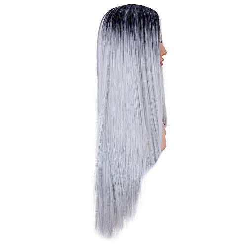 YMHPRIDE pelucas largas rectas para mujer moda gris plateado vestido elegante 22 pulgadas peluca Ombre peluca sintética resistente al calor de parte media
